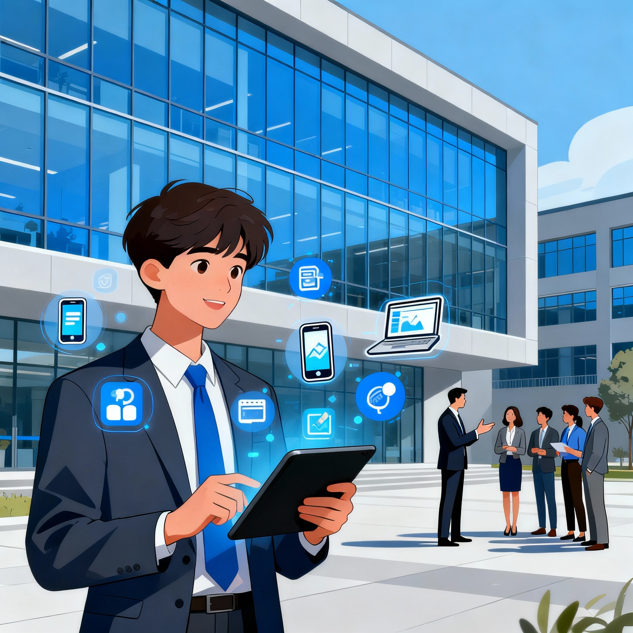 MBA student at business school with product management and leadership icons