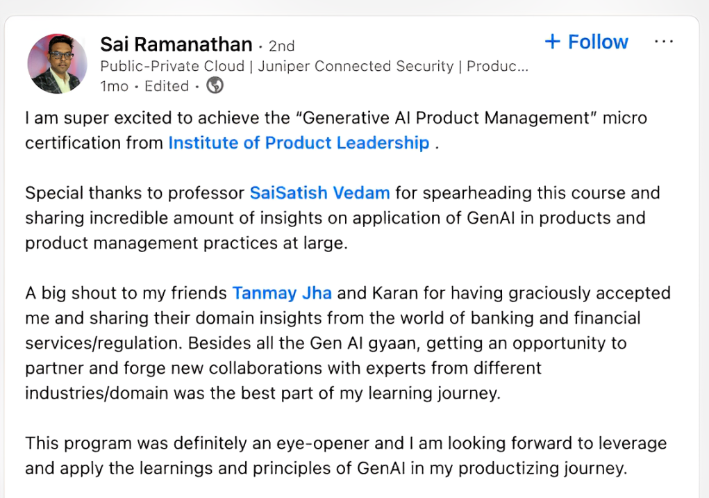 Sai Ramanathan Learner say about their AI Product Management Certification Journey