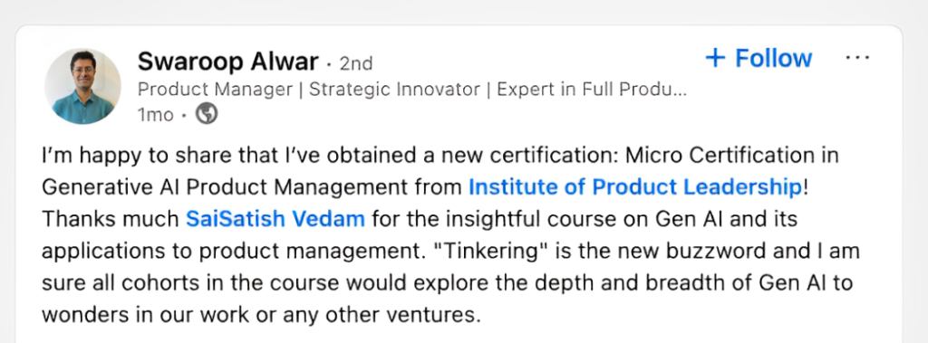 Swaroop Alwar Learner say about their AI Product Management Certification Journey