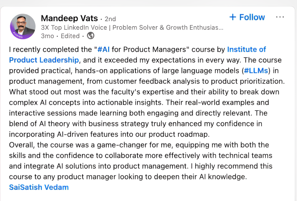 Mandeep Vats Learner say about their AI Product Management Certification Journey
