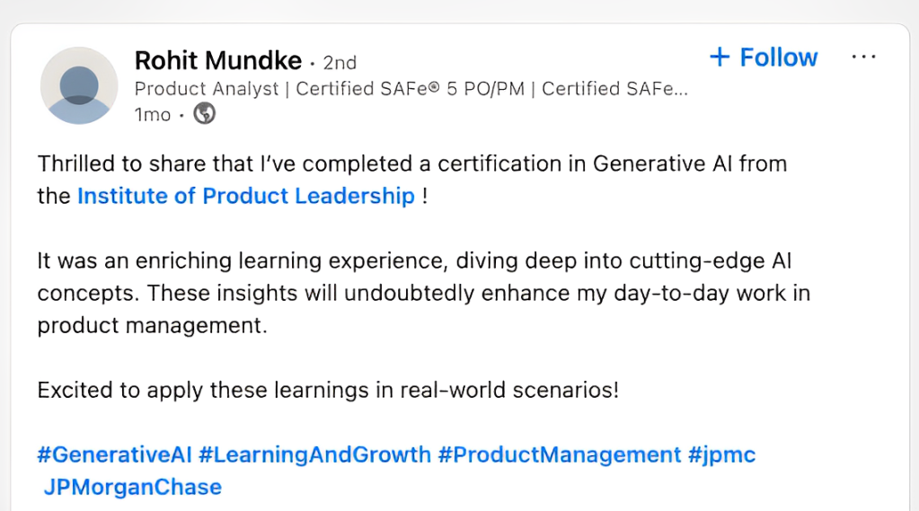 Rohit Mundke Learner say about their AI Product Management Certification Journey