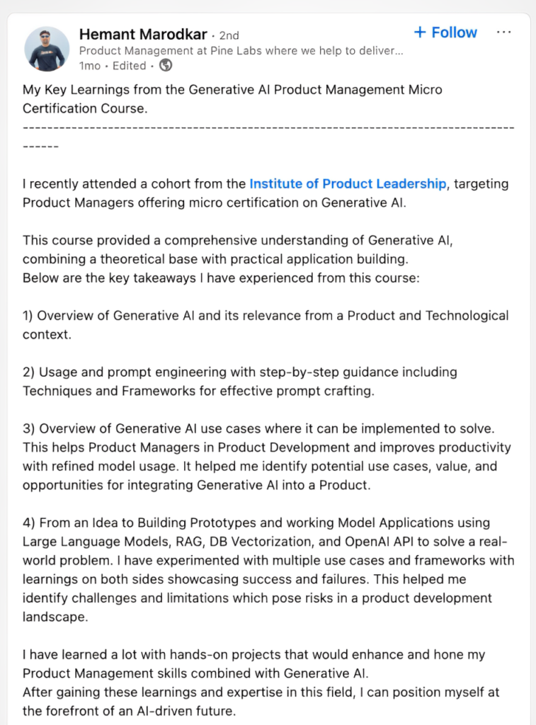 Hemant Marodkar Learner say about their AI Product Management Certification Journey