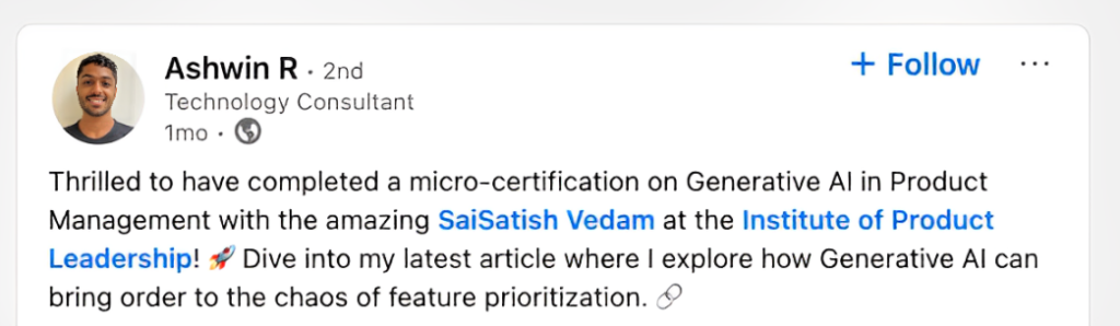 Ashwin R Learner say about their AI Product Management Certification Journey