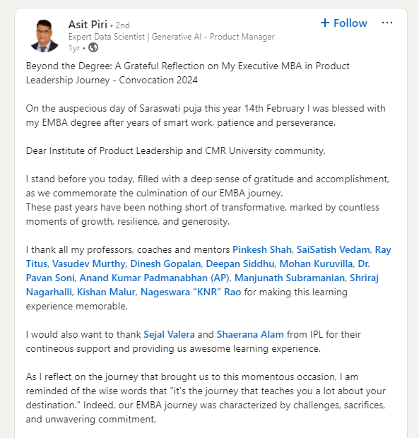 Recent graduate Asit Pari review about the Executive MBA in Product Leadership