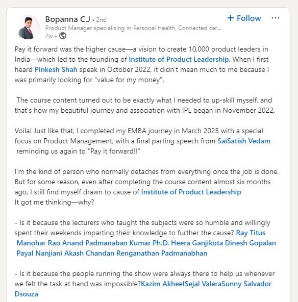 Recent graduate Bopanna C J review about the Executive MBA in Product Leadership