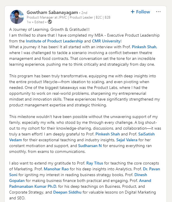 Recent graduate Gowtham Sabanayagam review about the Executive MBA in Product Leadership