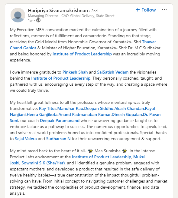 Recent graduate Haripriya Sivaramakrishnan review about the Executive MBA in Product Leadership