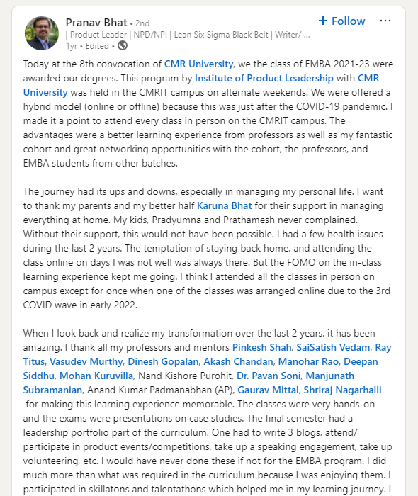 Recent graduate Pranav Bhat review about the Executive MBA in Product Leadership