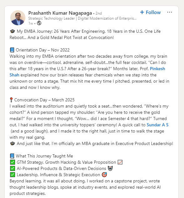 Recent graduate Prashanth Kumar Nagapaga review about the Executive MBA in Product Leadership