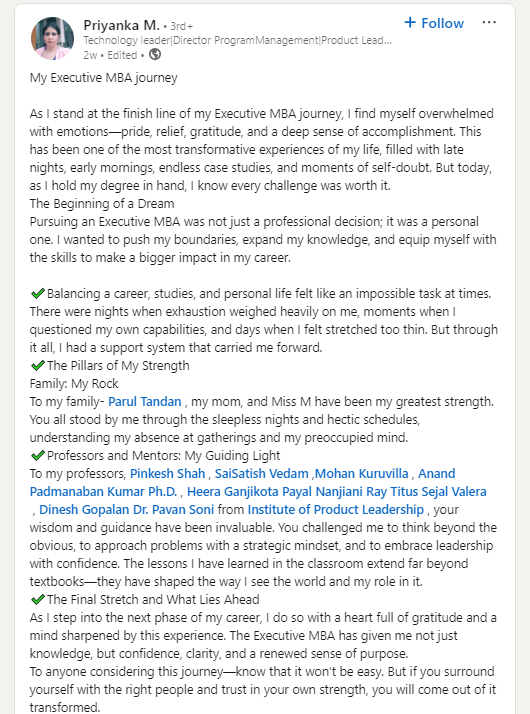 Recent graduate Priyanka M review about the Executive MBA in Product Leadership