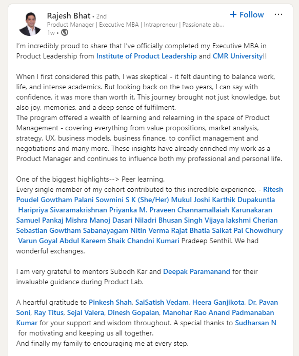 Recent graduate Rajesh Bhat review about the Executive MBA in Product Leadership
