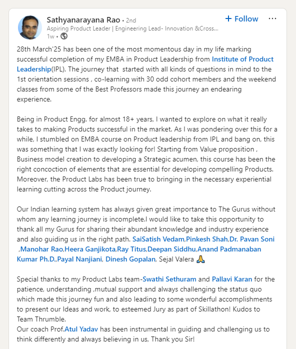 Recent graduate Sathyanarayana Rao review about the Executive MBA in Product Leadership
