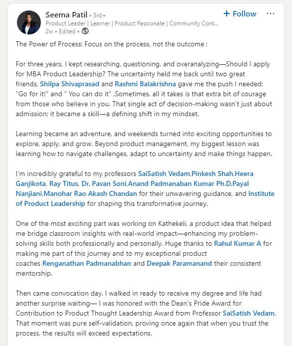 Recent graduate Seema Patil review about the Executive MBA in Product Leadership