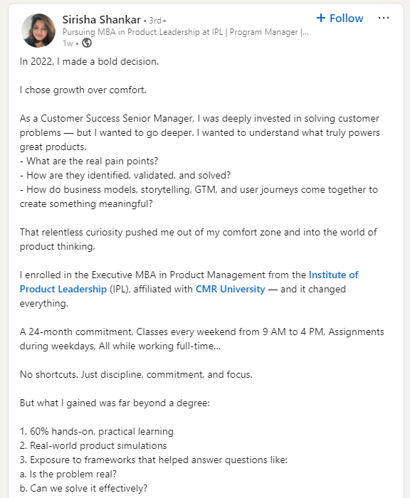 Recent graduate Sirisha Shankar review about the Executive MBA in Product Leadership