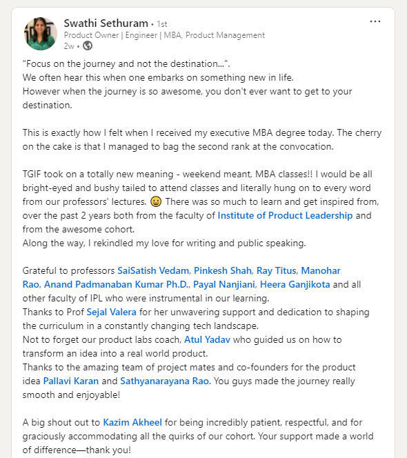 Recent graduate Swati Sethuram review about the Executive MBA in Product Leadership