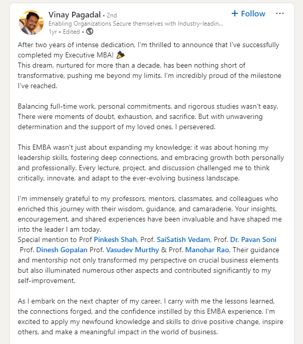 Recent graduate Vinay Pagadal review about the Executive MBA in Product Leadership