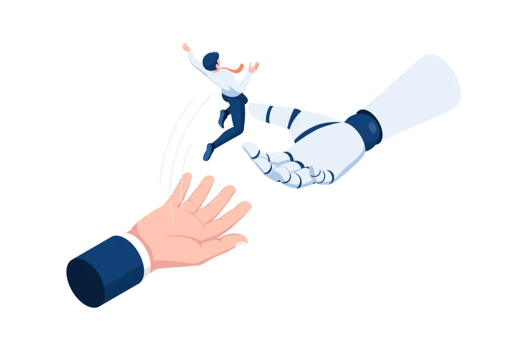 A professional person joyfully leaps toward a large robotic hand, from human hand