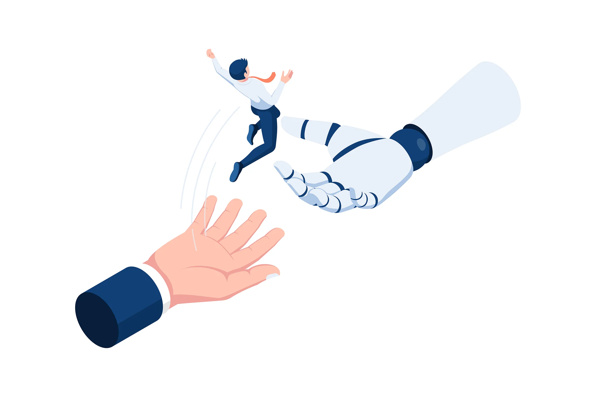A professional person joyfully leaps toward a large robotic hand, from human hand