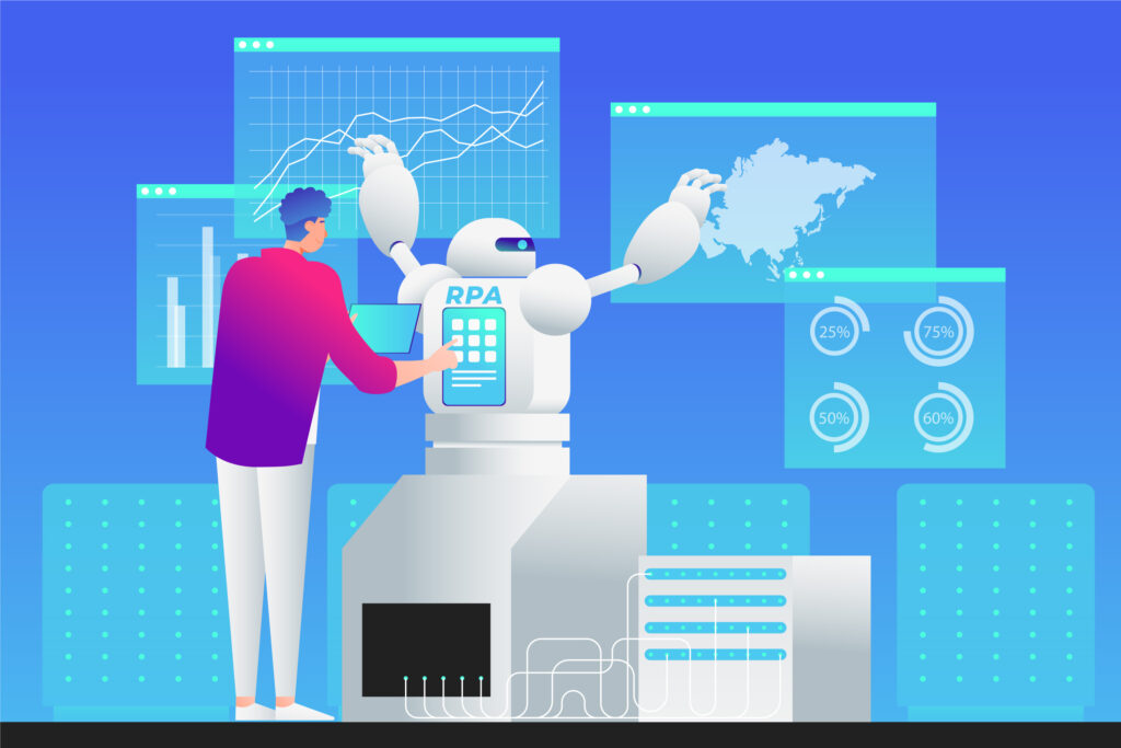 Professional collaborating with a AI robot and illustrating data analysis in a flat vector style.