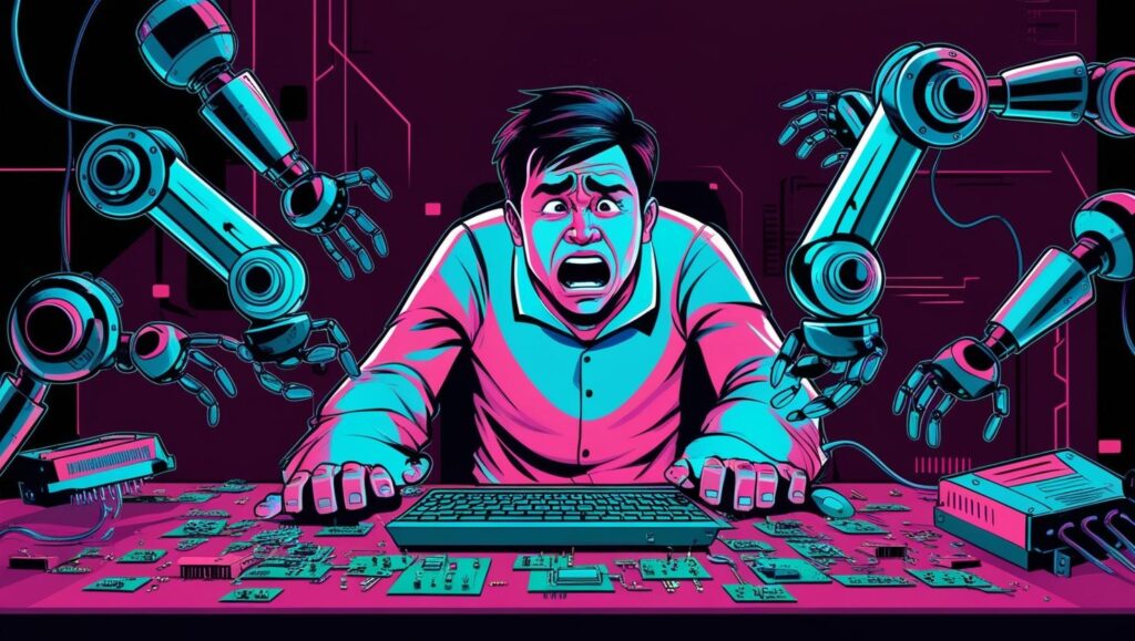 illustration depicting a Programmer in a shock why the AI project is failed