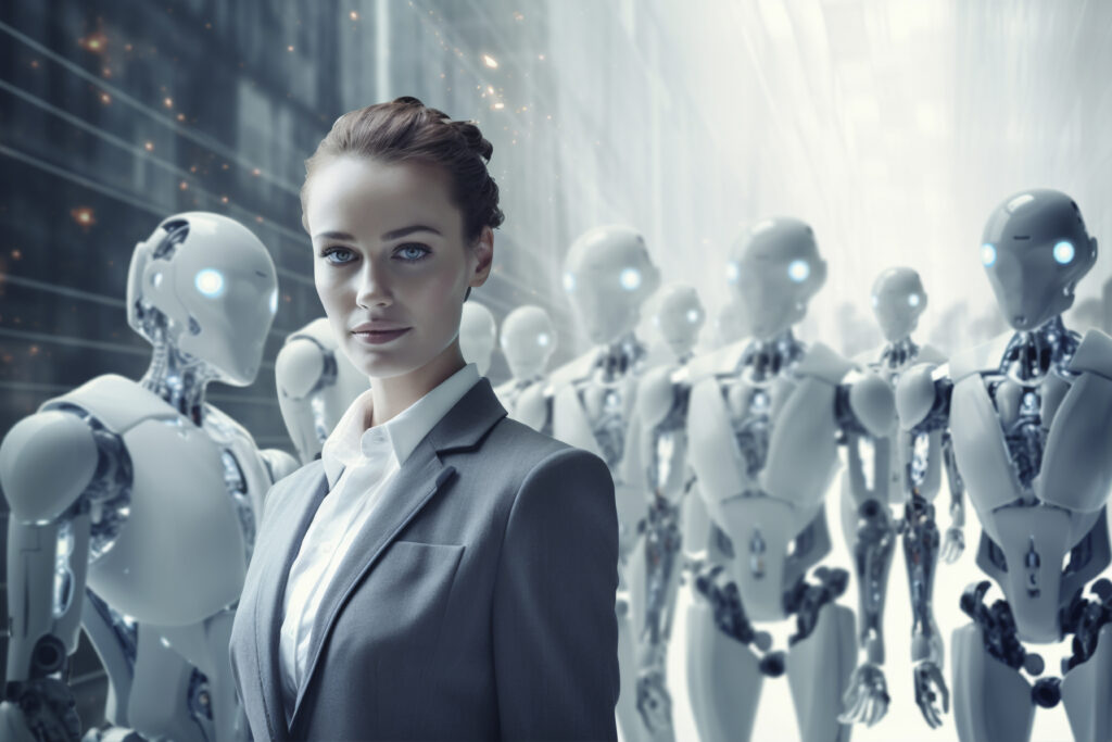 Business Leader surrounded by ai robots coworkers