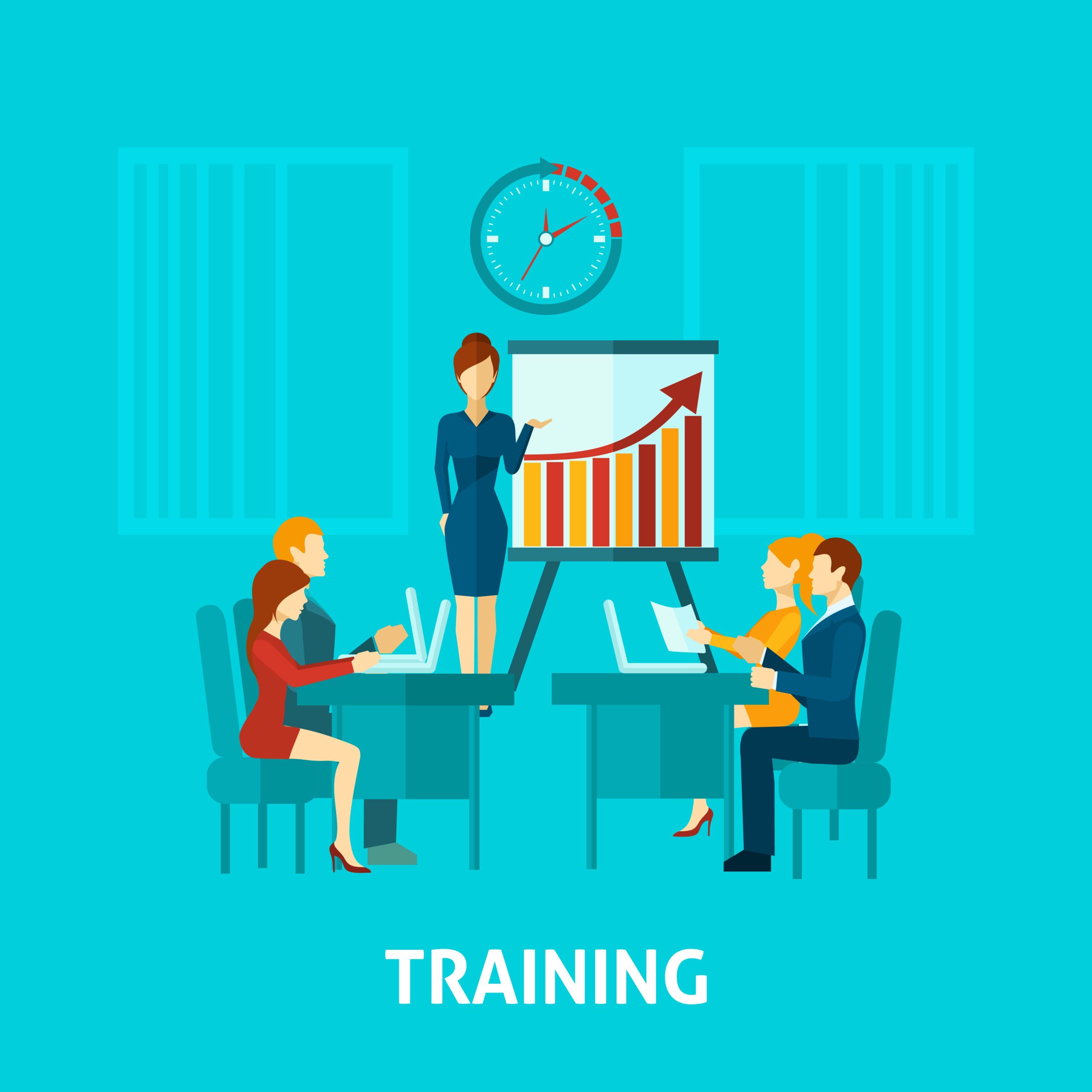 product management training in office and speaker making presentation vector illustration