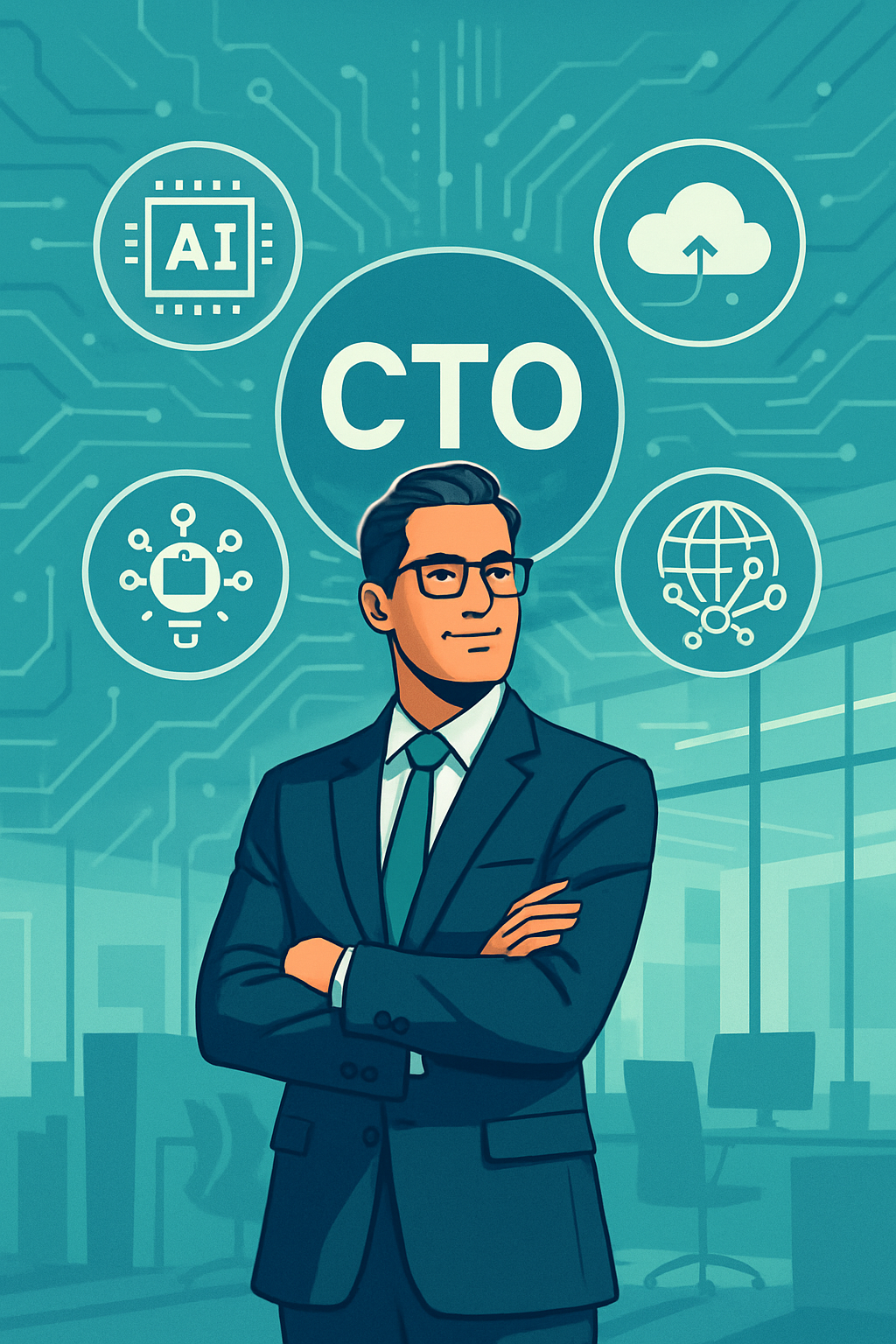 Illustration of a confident Chief Technology Officer (CTO) standing as a tech leader