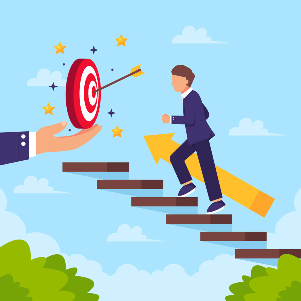 Illustration of a Business Person Climbing steps to reach the target