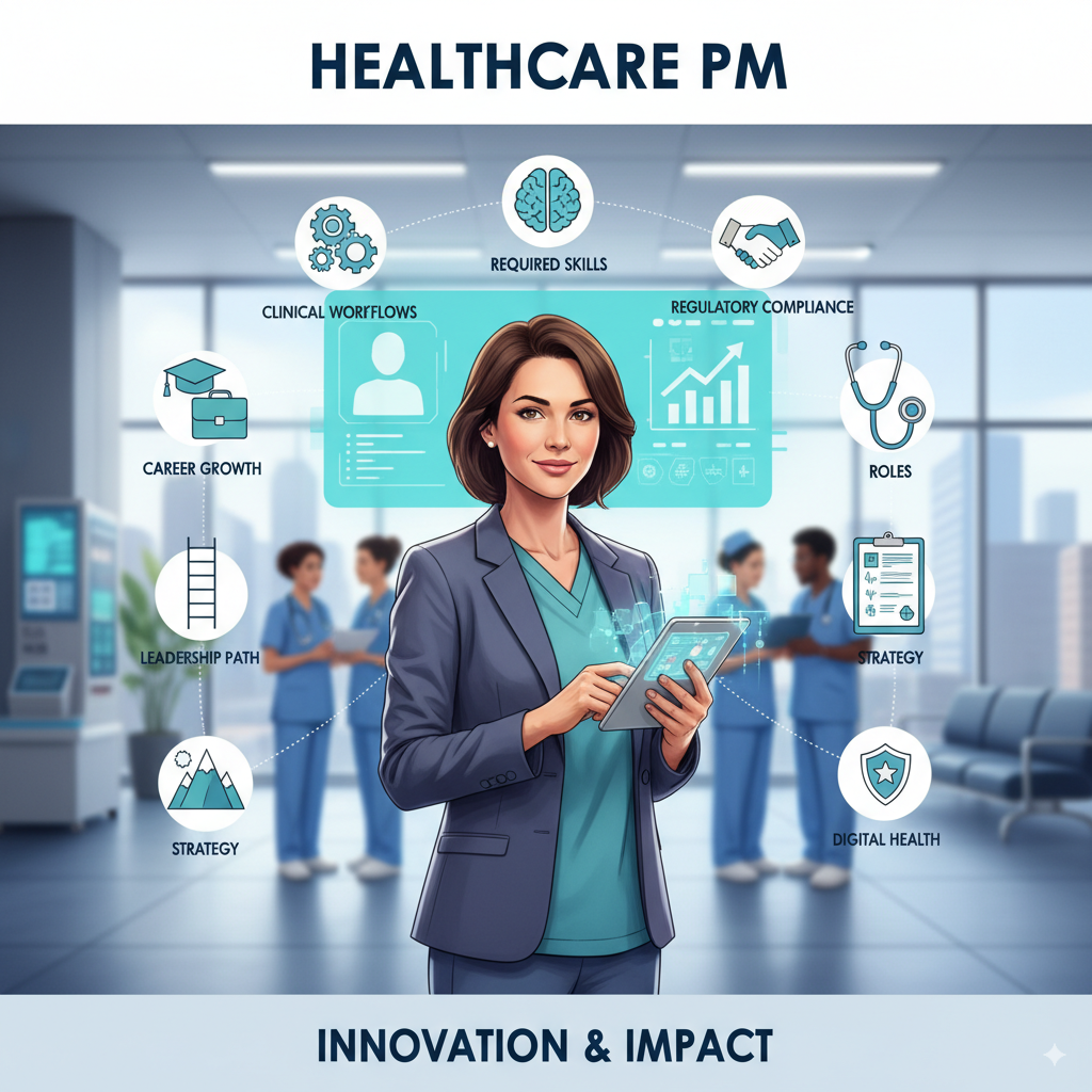 Healthcare product manager with icons of skills, roles, strategy, and career growth