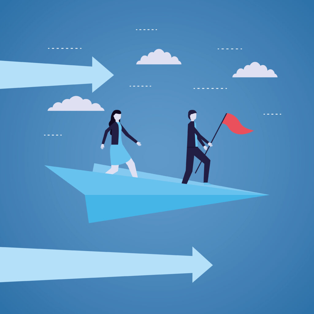 businessman woman with flag paper plane