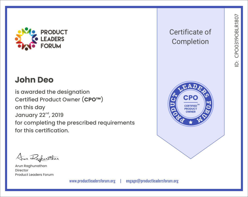 Certified Product Owner (CPO) completion certificate from Product Leaders Forum