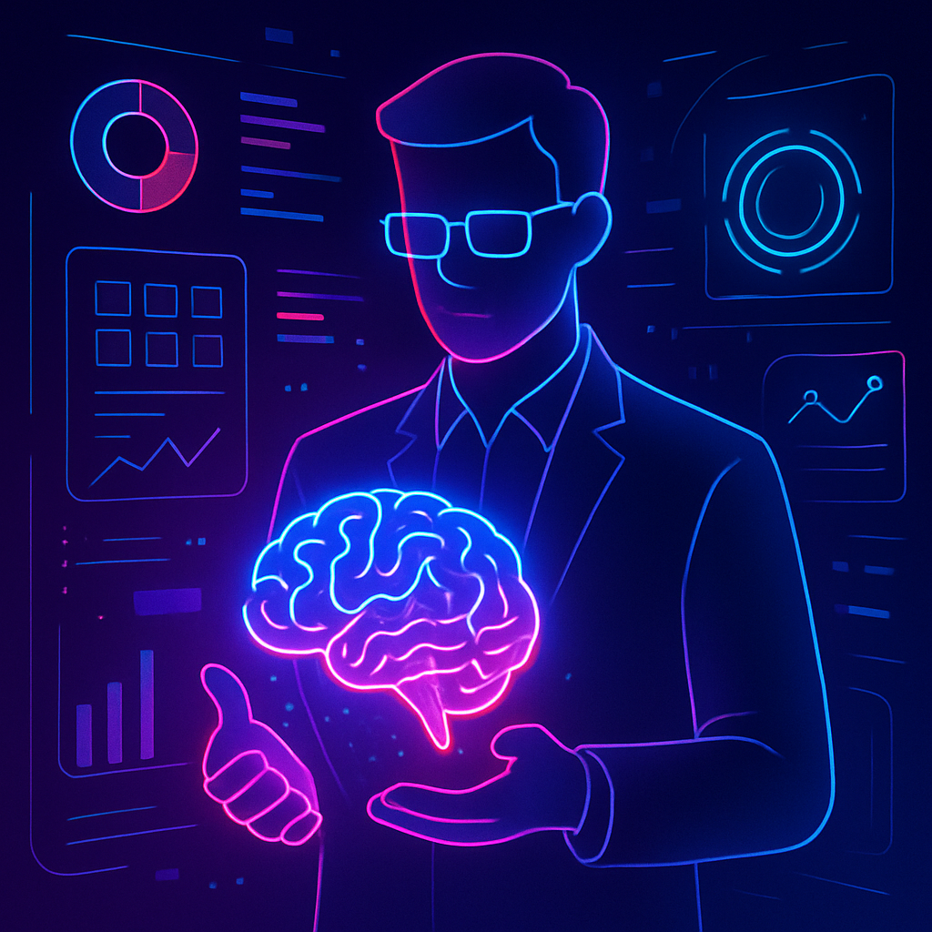 Abstract illustration of a product manager with AI brain and futuristic analytics interfaces