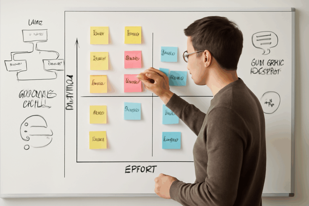 Product manager using prioritization matrix with sticky notes