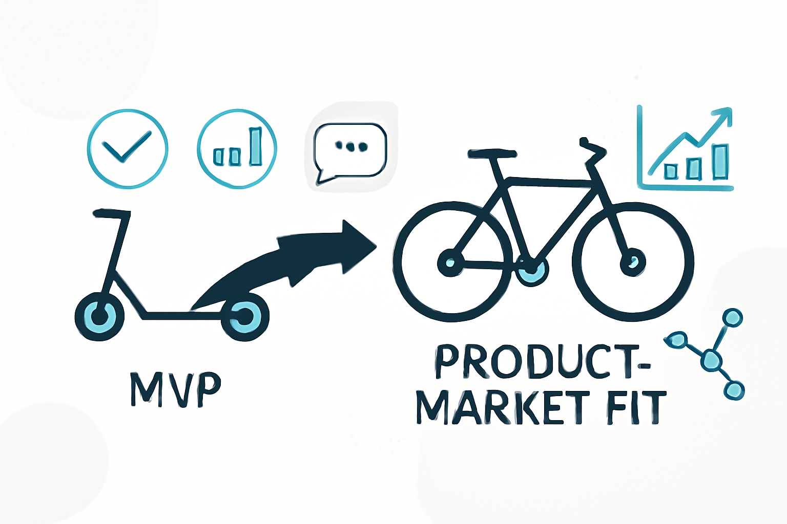 Illustration showing the journey from MVP scooter to product–market fit bicycle with growth icons