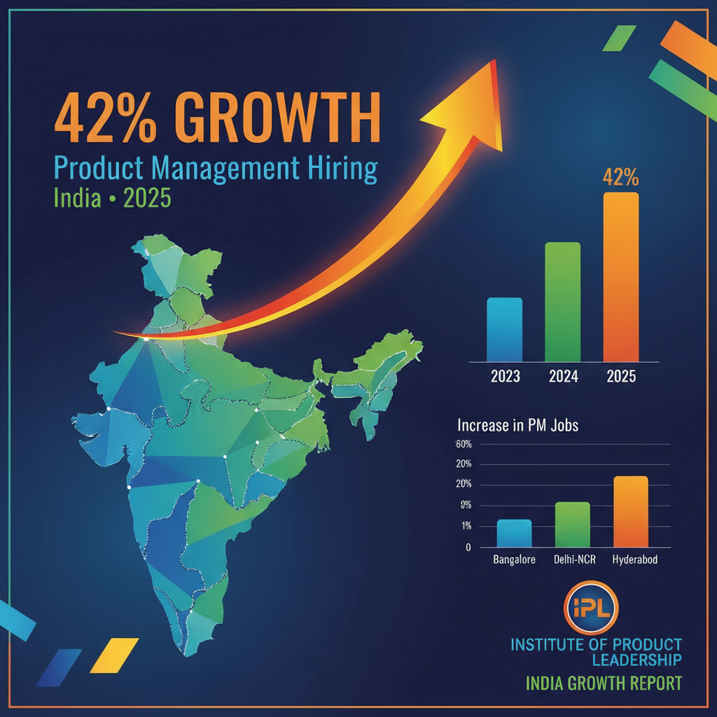 Infographic showing 42% growth in product management hiring in India, 2025 IPL report