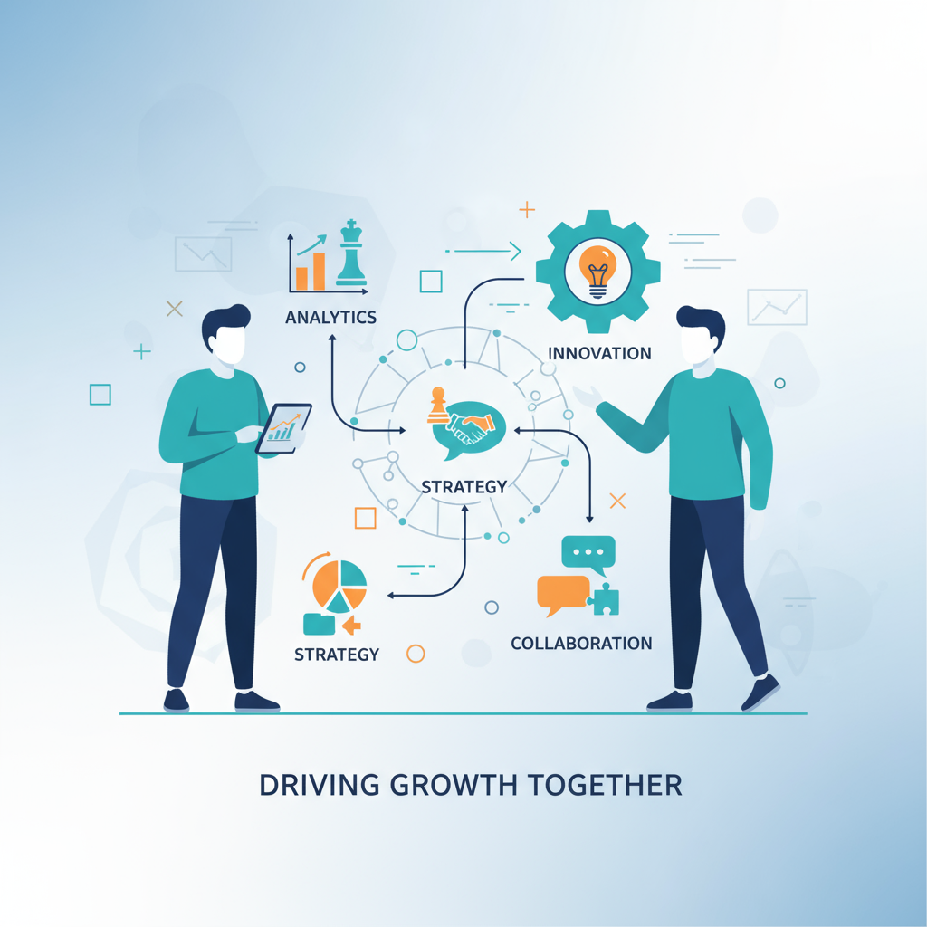Marketer and product manager connected by analytics, strategy, collaboration, innovation icons