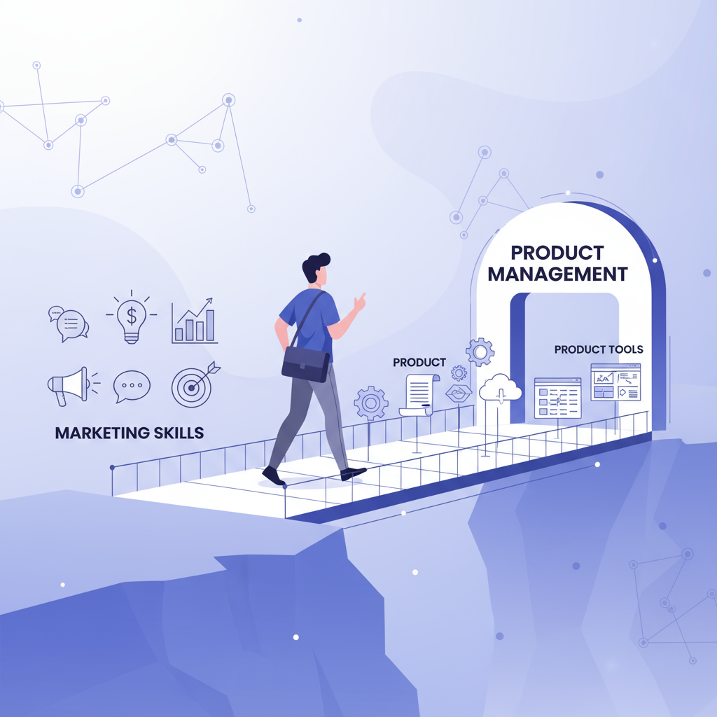 Illustration of marketer and product manager with shared skills icons for analytics and strategy