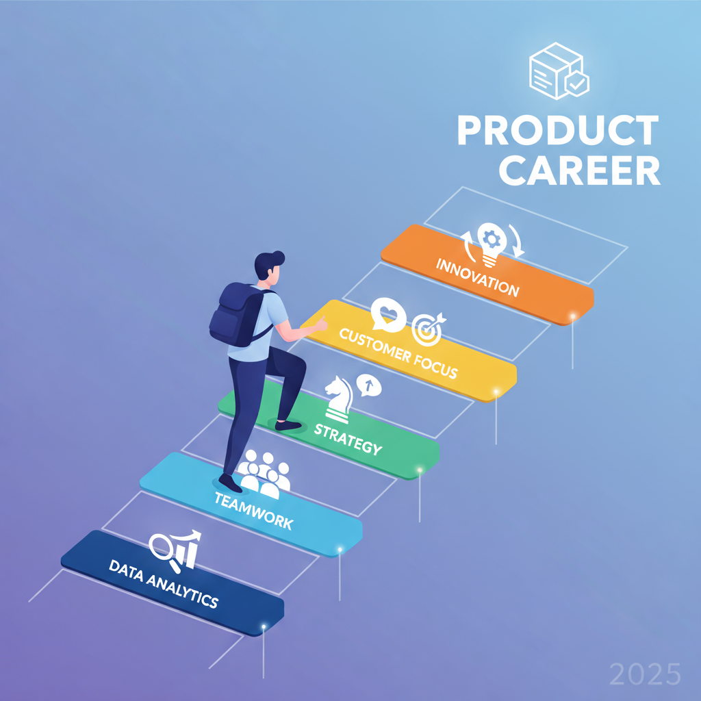 Professional climbing product management career ladder with icons for skills and growth