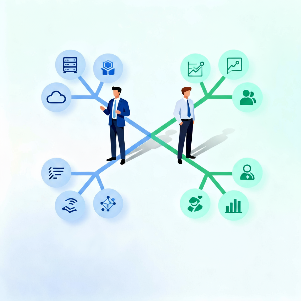 Two professionals on branching paths with tech and product management career icons
