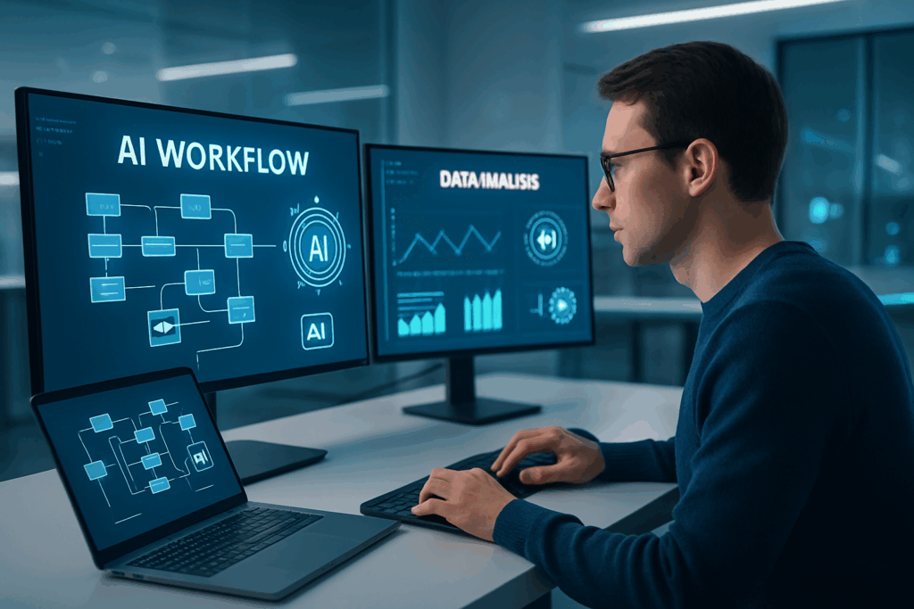 Person siting infront of system and creating AI workflow