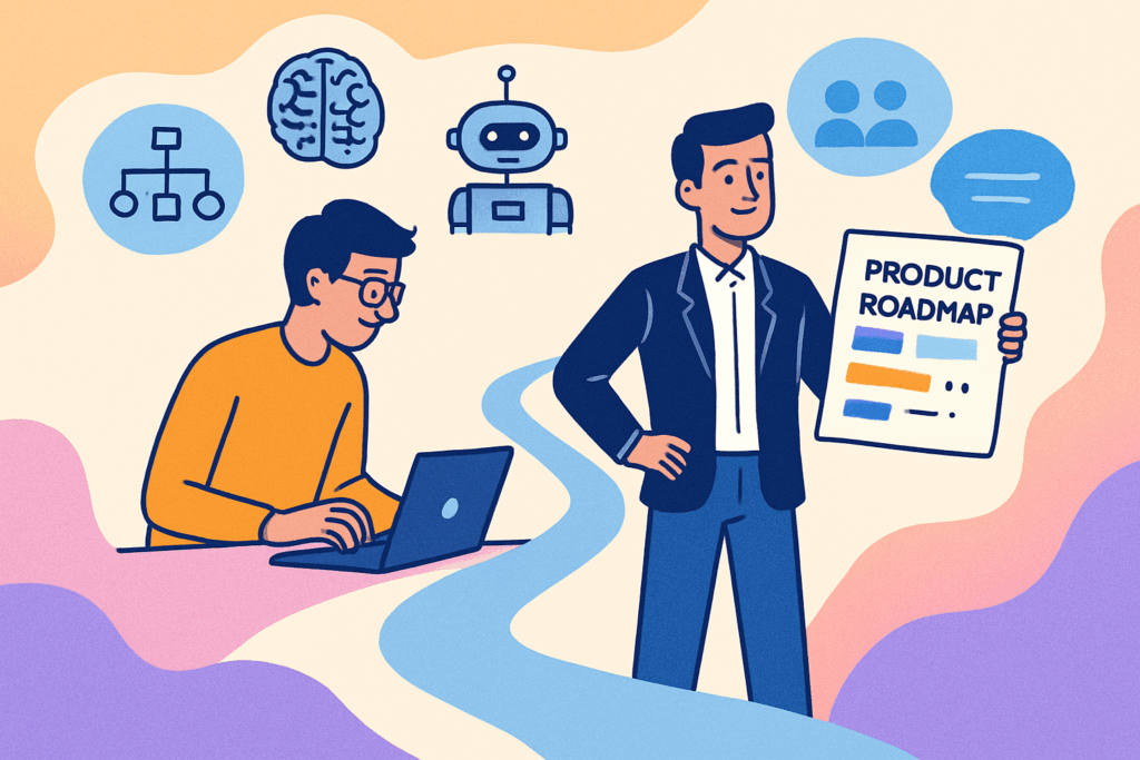 Developer progressing to product leadership with AI, automation, roadmap, and team collaboration