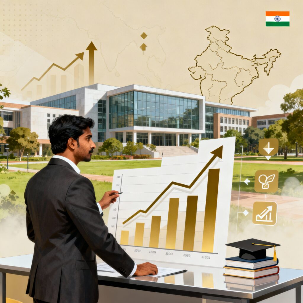 Illustration of Indian executive analyzing growth charts and education symbols for EMBA demand