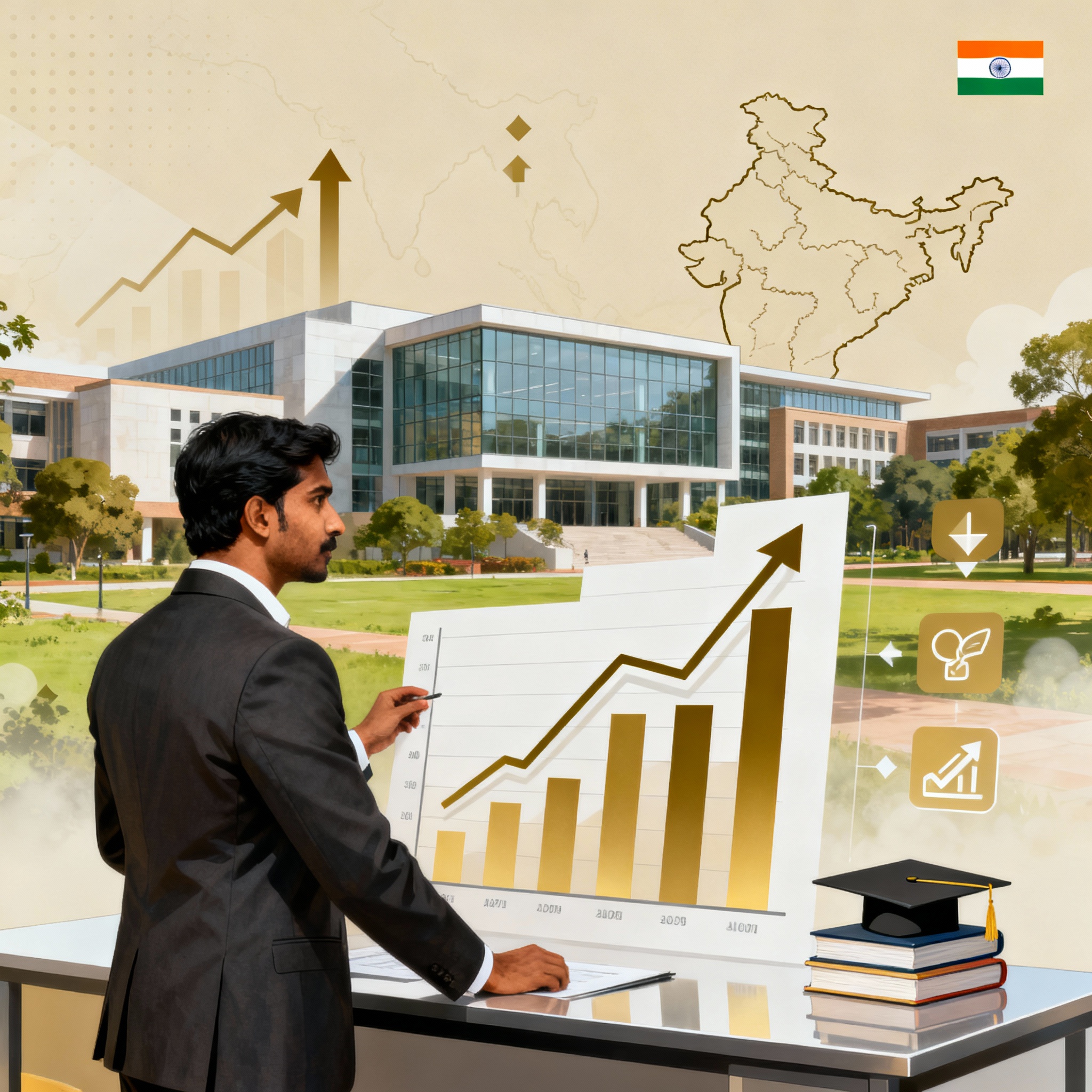 Illustration of Indian executive analyzing growth charts and education symbols for EMBA demand