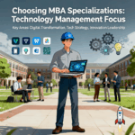 Engineer on campus with laptop, icons, and peers, highlighting MBA technology management focus