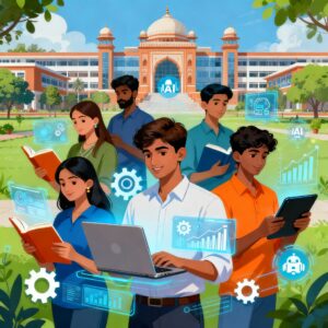 Diverse students engaging with tech symbols, books, and digital learning in India MBA