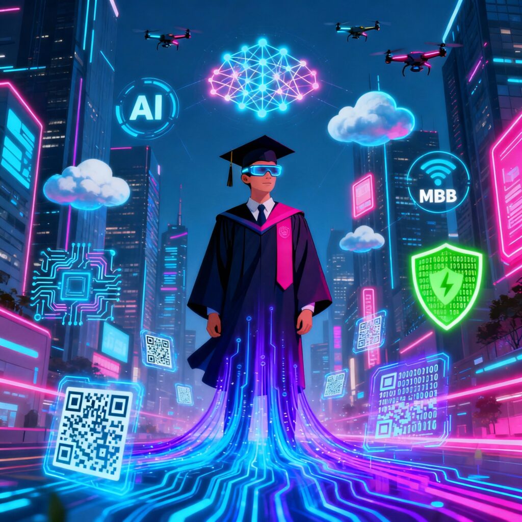 MBA graduate with smart glasses surrounded by AI, cloud, and cybersecurity icons in a futuristic city