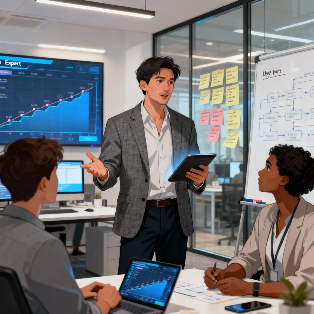 illustration of a product management professional in a modern office, conveying leadership and growth