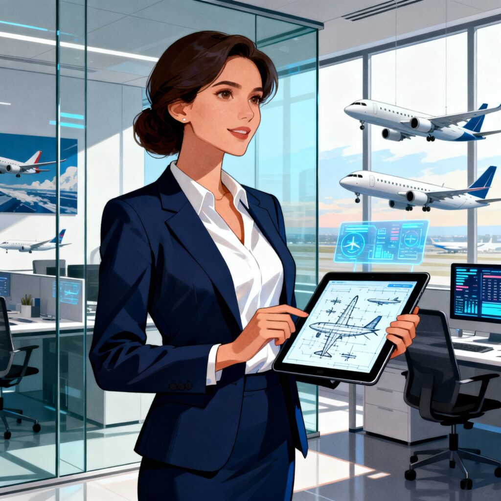 Professional woman transitioning into aviation product management, surrounded by aircraft and tech visuals