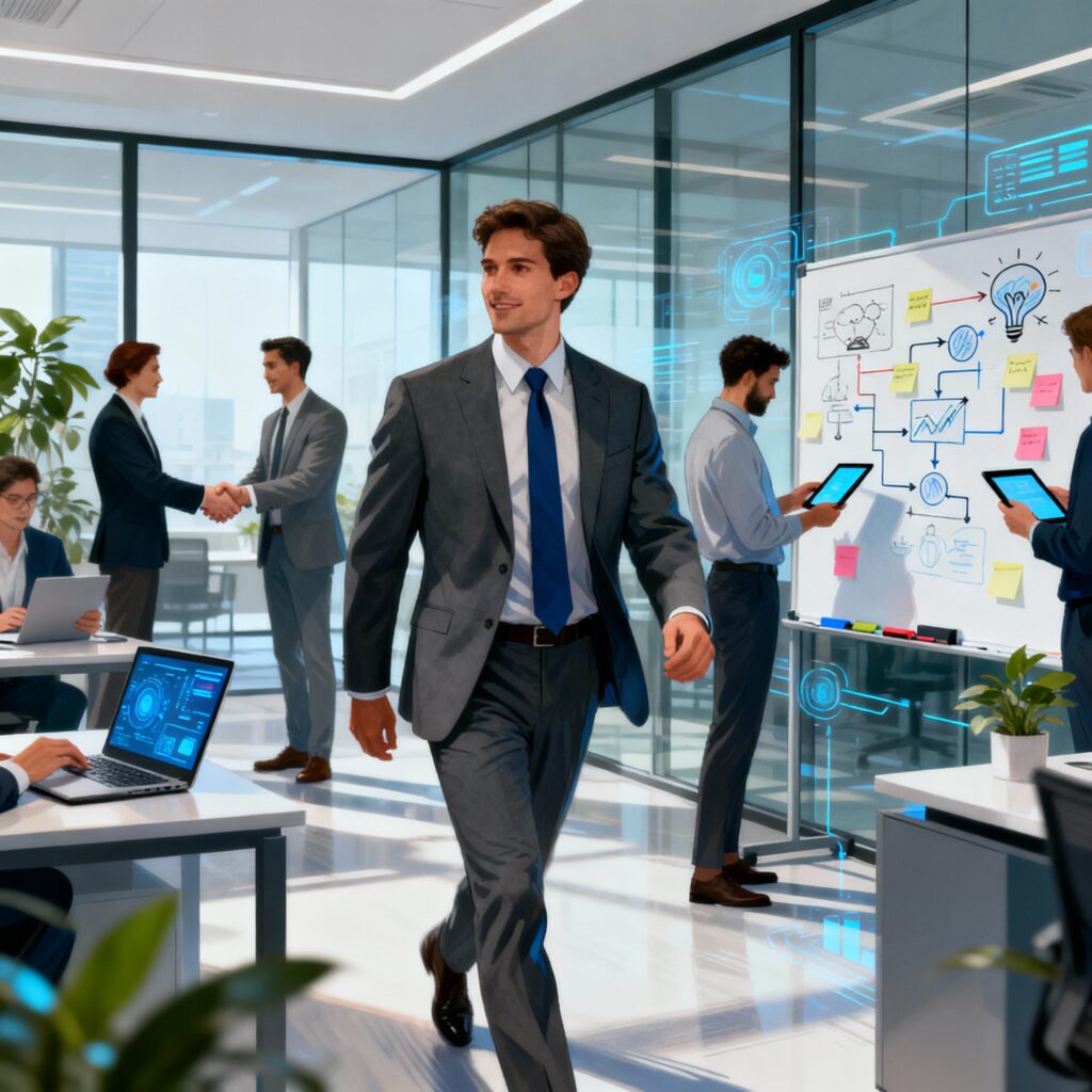 Professional male advancing to Associate Product Manager at Thomson Reuters in corporate setting