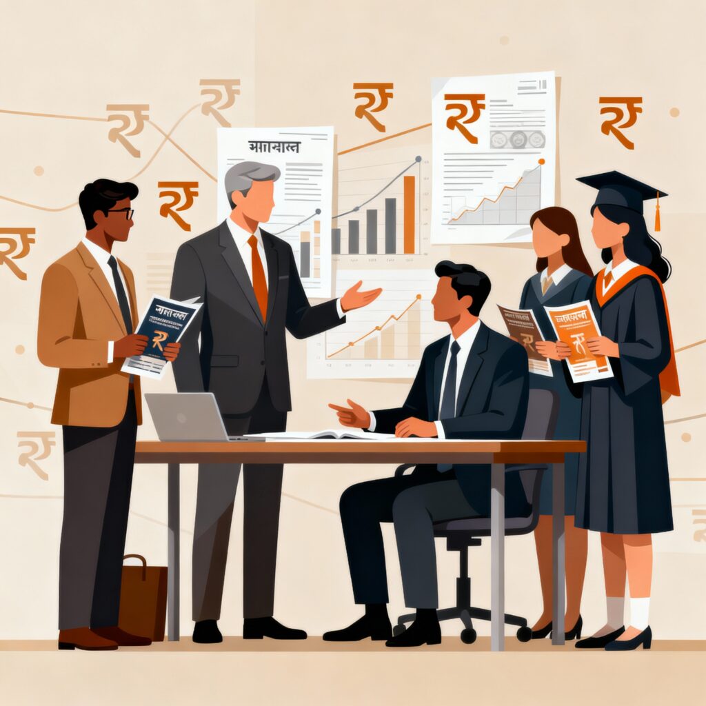 Illustration of business professionals analyzing Executive MBA fees in India with growth visuals